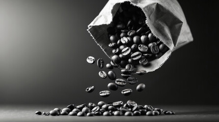 Freshly roasted coffee beans tumble from a paper bag against a dark background creating a dramatic effect