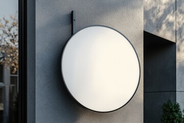 Blank circular sign on modern building facade
