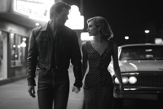 1950s romance captured in a timeless moment, greaser and sweetheart walking together