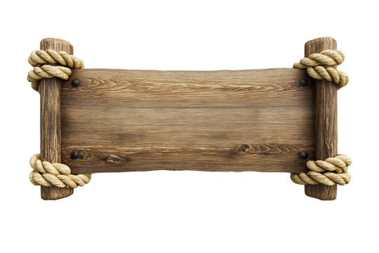 Empty Wooden Sign With Rope Isolated On Transparent Background, PNG