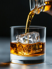 Pouring a refreshing drink over ice in a stylish glass at a cozy bar setting during the evening