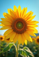 Naklejka premium close vibrant sunflower displaying rich yellow petals lively green leaves vivid colors clear background, leaf, garden, field, light, texture, macro, beauty