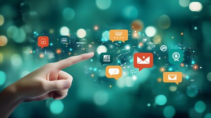 Hand Touching Social Media Icons Overlay on Bokeh