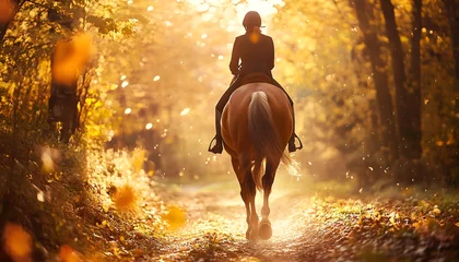 Fototapete Rider on horseback in a sunlit forest trail. Horseback riding in forest. Concept of equestrian sport, outdoor adventure, nature trail, sunlight © Oleksiy