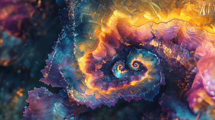 Vibrant, swirling patterns of crystallized minerals on a microscope slide, resembling abstract art. Fractal Growth. Illustration