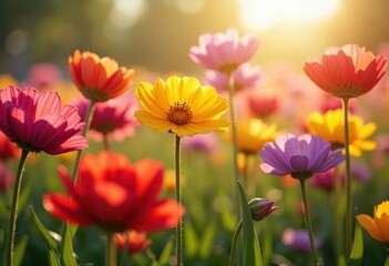 Fototapeta premium vibrant blooms illuminated soft natural light capturing beauty colorful flowers, petal, blossom, flora, garden, botanical, sunlight, leaf, grass, plant