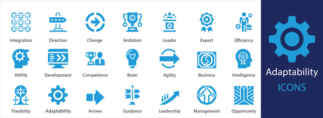 modern adaptability icon set featuring leadership, agility, efficiency, intelligence, business strategy, and growth. Ideal for websites, apps, presentations, and corporate branding.