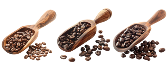 Coffee Beans on Wooden Scoop Set on Transparent Background