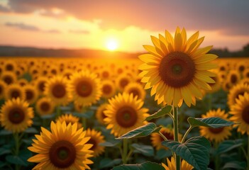 Fototapeta premium vibrant sunflower field golden hour scenic blooms nature sunshine, sunset, sky, flora, landscape, sunny, petal, brightness, spring, summer, valley, pollen