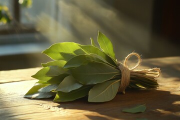 Fresh bay leaves tied with twine are elegantly arranged on a rustic wooden table, illuminated by warm afternoon sunlight filtering through a window