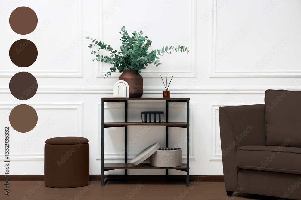Poster stylish living room with console table and other furniture in mocha mousse shade. interior design wi