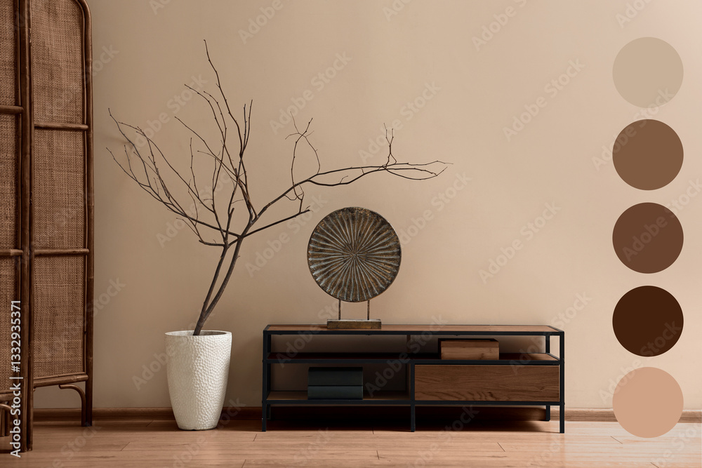Aufkleber stylish living room in mocha mousse shade with console table and decorative elements. interior desig