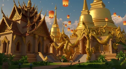 Golden Temple with Dragons and Lanterns in Thailand Cultural Landscape