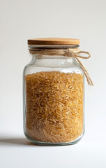 Brown rice jar creates a rustic charm in a minimalist kitchen setting showcasing the simplicity of healthy living