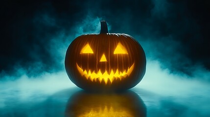 A glowing jack o lantern sits in spooky atmospheric fog