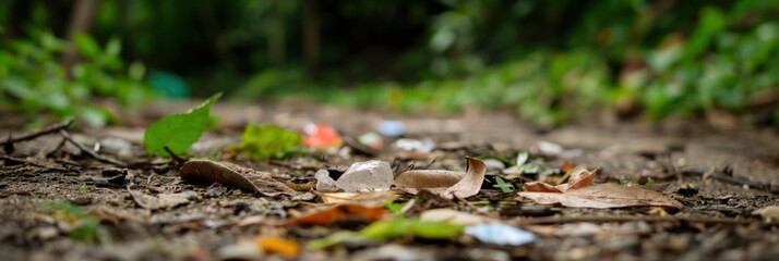A close-up view of fallen leaves on a dirt path, symbolizing nature's cycle of life and decay, and inviting contemplation of the transition of seasons.