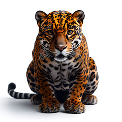 Obraz premium A majestic jaguar sits alertly its striking spotted coat and intense gaze captivating the viewer against a bright background.