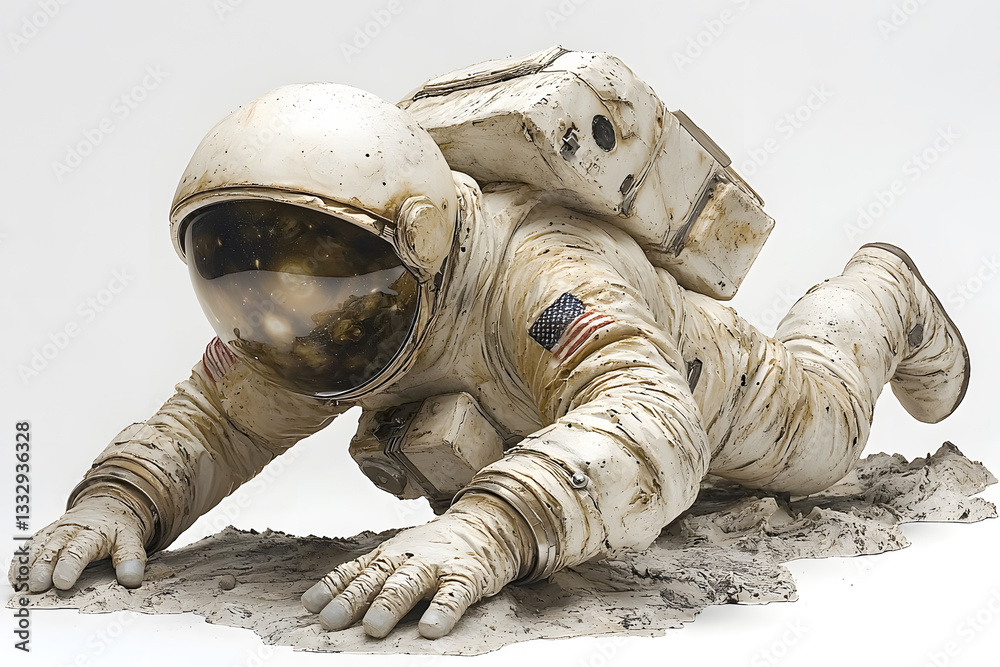 Wall mural crawling astronaut figure with american flag patch textured surface and reflective helmet visor on a