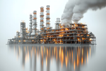 Illuminated industrial complex with tall stacks emitting smoke reflected in still water under a hazy sky.