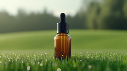 30ml Amber Glass Dropper Bottle with Black Lid on Dew-Covered Morning Grass &ndash; Fresh and Natural Display