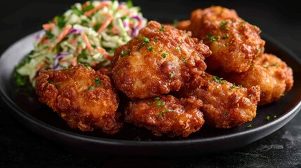 Fototapeta premium Crispy fried chicken with coleslaw, on dark plate, garnished with greens