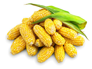A pile of freshly harvested corn cobs still in their green husks sits against a white background.