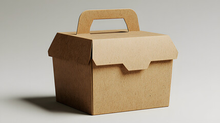 A simple closed brown cardboard box with a handle sits against a plain light-colored backdrop casting a shadow to the left.