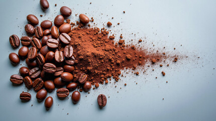 Rich Roasted Coffee Beans And Their Freshly Ground Powder, A Captivating Aroma Of Dark Brown Hues Against A Soft Grey Backdrop