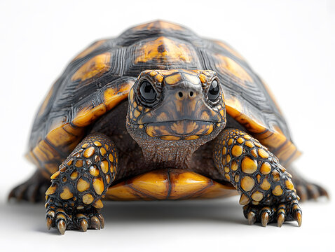 Front-facing close-up of a brown and yellow ornate box turtle with its patterned shell and scaly legs against a white background.