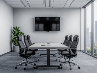 Modern Meeting Room with Empty Screen and City View