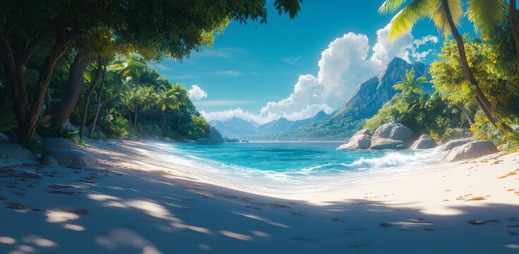 A tranquil Moana scene with a beach, a green tree, blue sky, and white clouds, all framed by a big gray rock