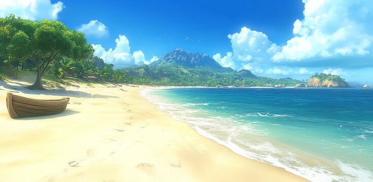 A calm Moana background depicting a beach with a green tree, blue sky, and white clouds, surrounded by a large gray rock