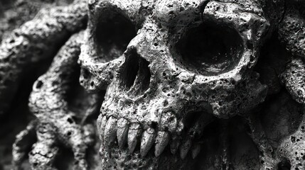 Close-up of a Stone Skull Carving: A Dark and Detailed Macabre Masterpiece
