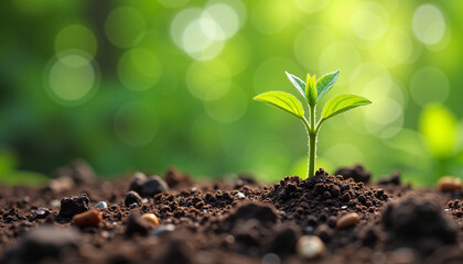 Vibrant seedling growing in nutrient-rich soil, nature's renewal