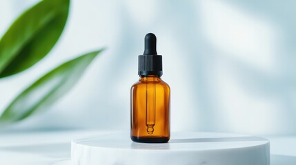 Minimalist 30ml Amber Glass Dropper Bottle with Black Lid on a White Marble Surface, Surrounded by a Soft Neutral Background and Diffused Lighting – Modern and Elegant Product Display