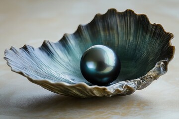 A lustrous black pearl rests elegantly within an open clam shell, showcasing its fine shine against a smooth background