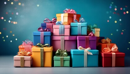 Obraz premium there is a stack of colorful gift boxes adorned with ribbons the gifts are stacked on top of each other and come in various colors and sizes generative ai