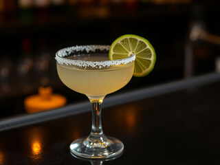 Refreshing cocktail served in a classic glass with a lime garnish at a bar during an evening gathering