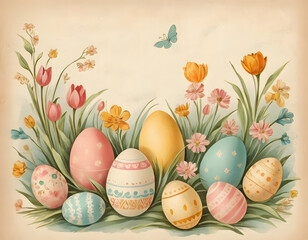Vintage Easter illustration with decorative eggs, blooming flowers