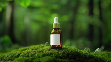 Amber Glass Tincture Bottle with Dropper and White Vertical Label on Mossy Forest Floor – Natural and Earthy Display