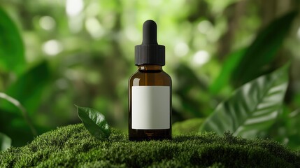 Amber Glass Tincture Bottle with Black Dropper and White Vertical Label on Mossy Forest Floor &ndash; Earthy and Natural Display