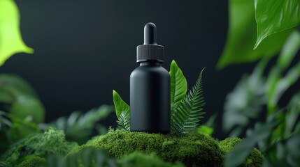 Black Dropper Bottle Surrounded by Moss, Twisting Vines, and Dense Foliage &ndash; Dramatic and Nature-Inspired Display