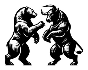 Black and white silhouette of a bull and a bear. A symbol of trading and financial exchange. Vector graphics. EPS.