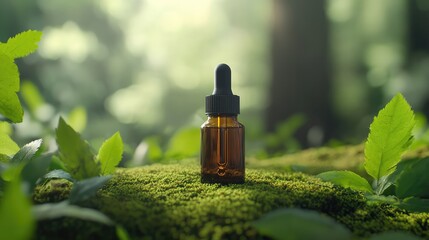 Amber Glass Dropper Bottle with Black Lid on Mossy Forest Floor, Surrounded by Green Leaves and Dewdrops &ndash; Natural and Serene Display

