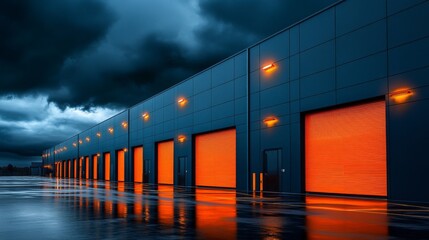 As the sun sets, a state-of-the-art storage facility with striking orange roll-up doors mirrors itself on a wet, reflective surface
