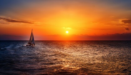 A lone sailboat glides across the shimmering ocean, its white sails glowing in the golden sunset. The sky bursts with orange, pink, and purple hues, reflecting on the gentle, rippling waves.