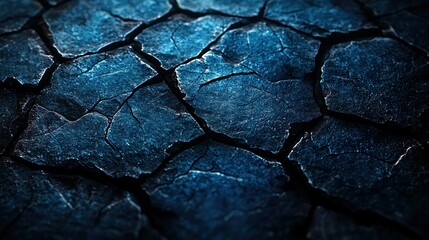 Fototapeta premium Deep blue, cracked earth texture. Close-up reveals intricate patterns in light and shadow
