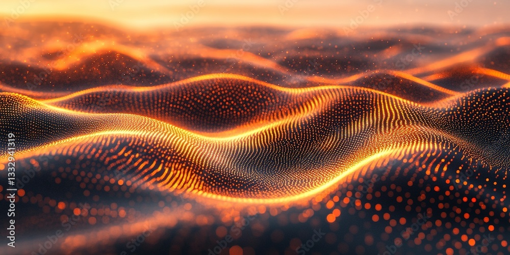 Poster waves of light create dynamic patterns in an abstract digital landscape at sunset