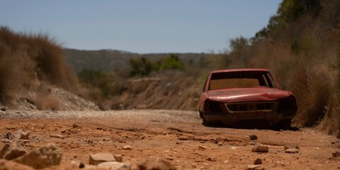 An old, rusty red car stands alone on a deserted dirt road, surrounded by wild grasses, conveying themes of neglect, decay, and forgotten journeys.
