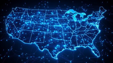 A virtual map of the United States illuminated by a web of connections
